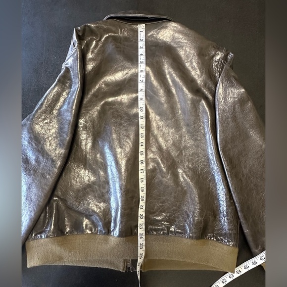 Olive goat skin Bomber Jacket with Ribbed Accents - Picture 6 of 15
